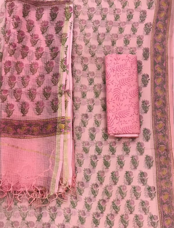 Block Printed Unstitched Suit With Cotton Kota Doriya Dupatta