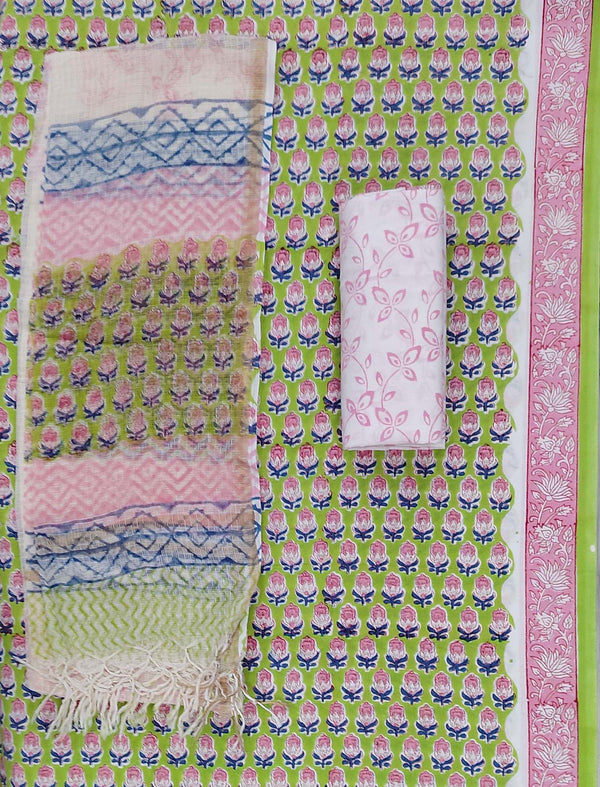 Block Printed Unstitched Suit With Cotton Kota Doriya Dupatta