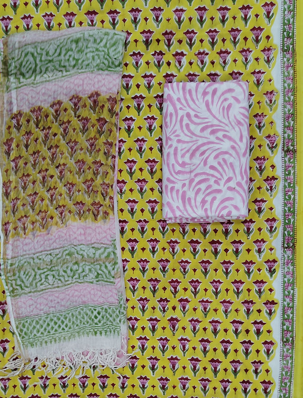 Block Printed Unstitched Suit With Cotton Kota Doriya Dupatta