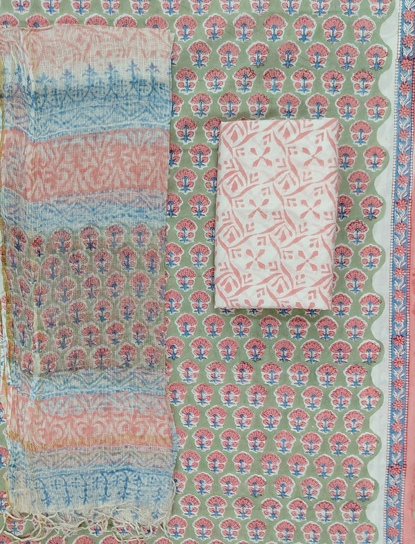 Block Printed Unstitched Suit With Cotton Kota Doriya Dupatta