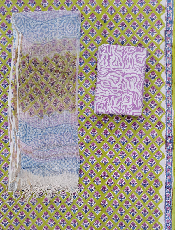 Block Printed Unstitched Suit With Cotton Kota Doriya Dupatta