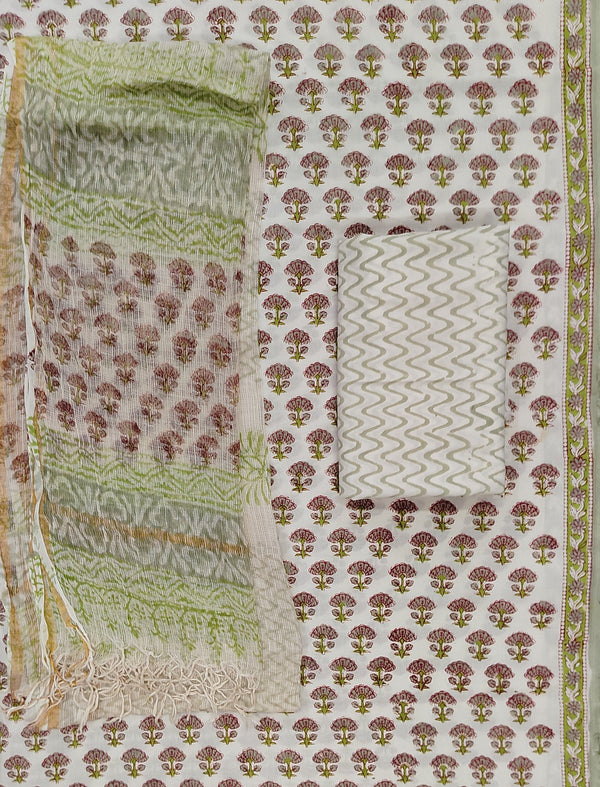 Block Printed Unstitched Suit With Cotton Kota Doriya Dupatta