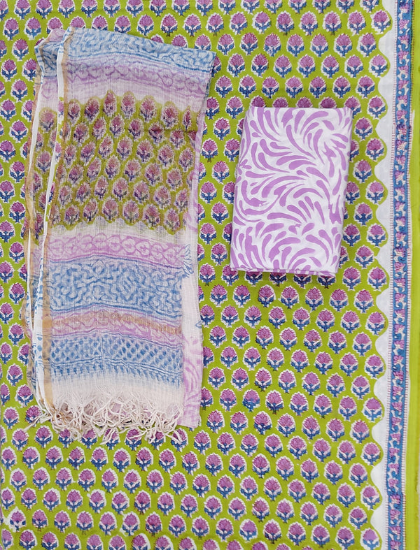 Block Printed Unstitched Suit With Cotton Kota Doriya Dupatta