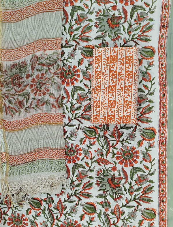 Block Printed Unstitched Suit With Cotton Kota Doriya Dupatta