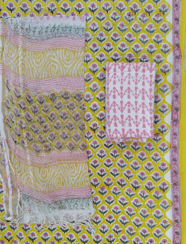 Block Printed Unstitched Suit With Cotton Kota Doriya Dupatta