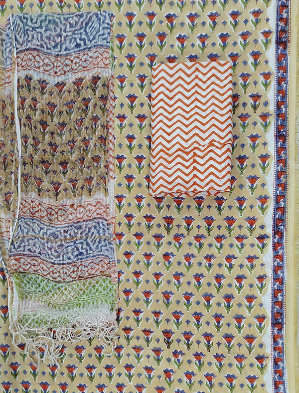 Block Printed Unstitched Suit With Cotton Kota Doriya Dupatta