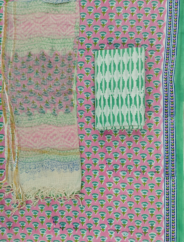 Block Printed Unstitched Suit With Cotton Kota Doriya Dupatta