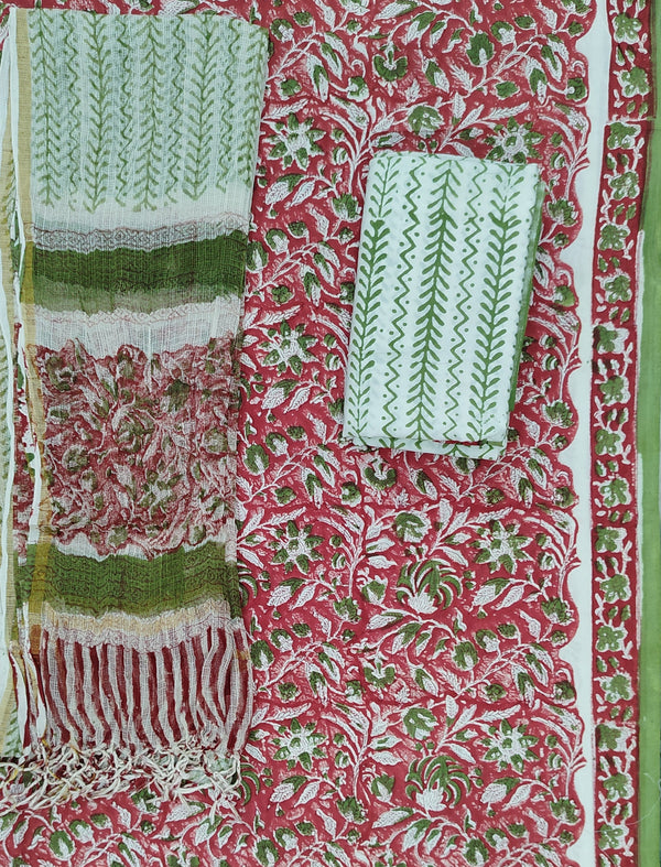 Block Printed Unstitched Suit With Cotton Kota Doriya Dupatta
