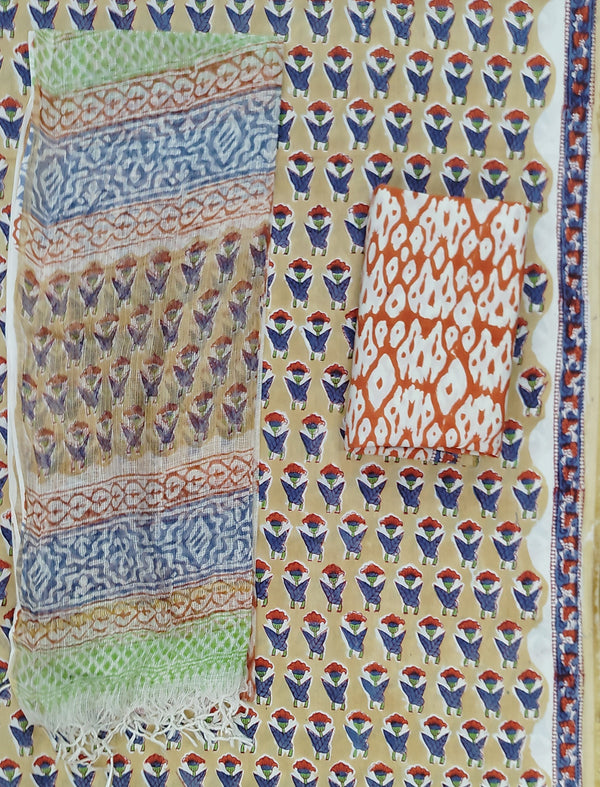 Block Printed Unstitched Suit With Cotton Kota Doriya Dupatta