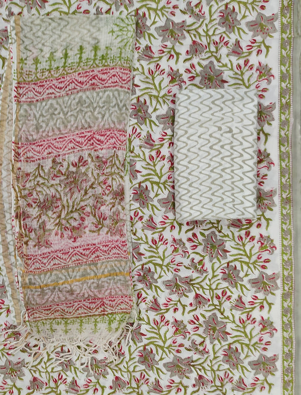 Block Printed Unstitched Suit With Cotton Kota Doriya Dupatta