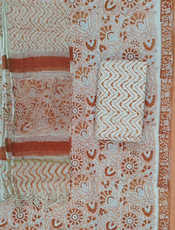 Block Printed Unstitched Suit With Cotton Kota Doriya Dupatta