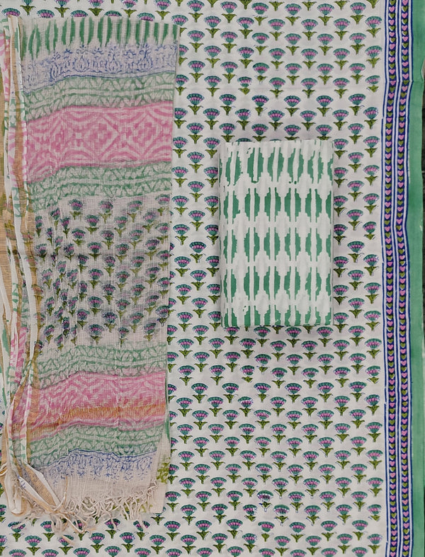 Block Printed Unstitched Suit With Cotton Kota Doriya Dupatta