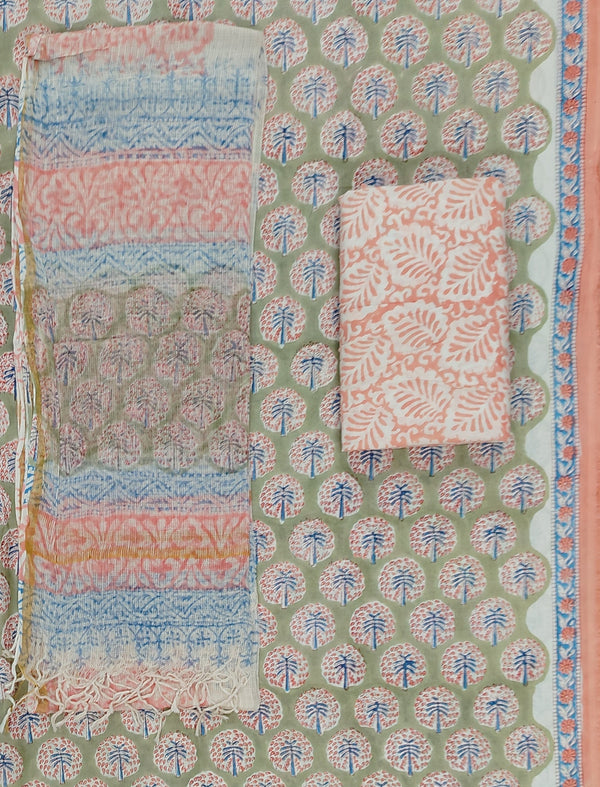 Block Printed Unstitched Suit With Cotton Kota Doriya Dupatta