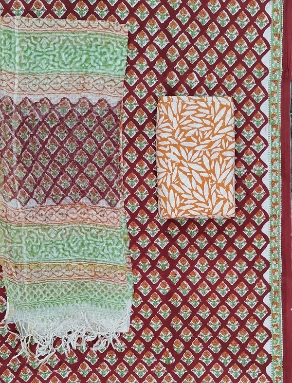 Block Printed Unstitched Suit With Cotton Kota Doriya Dupatta