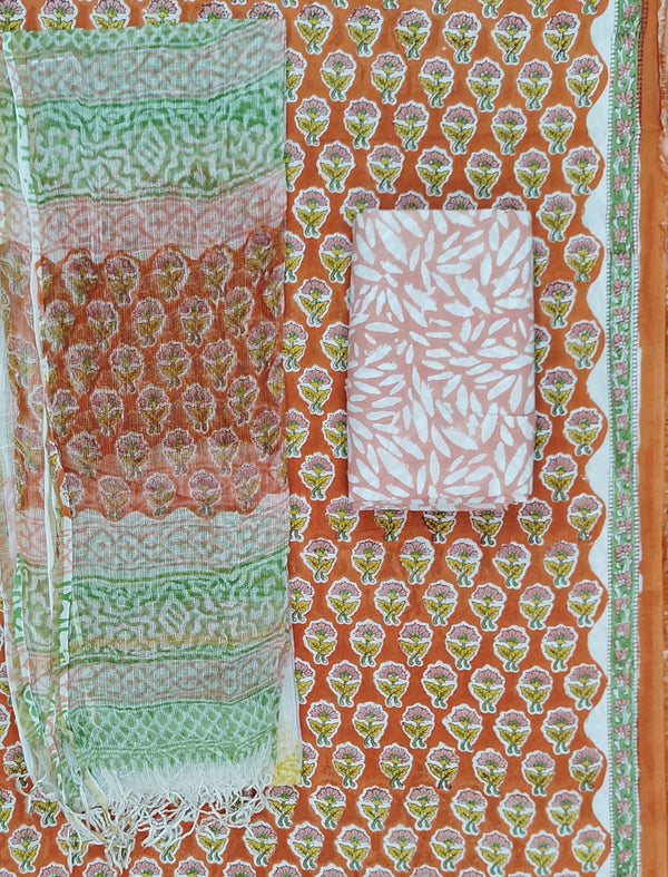 Block Printed Unstitched Suit With Cotton Kota Doriya Dupatta