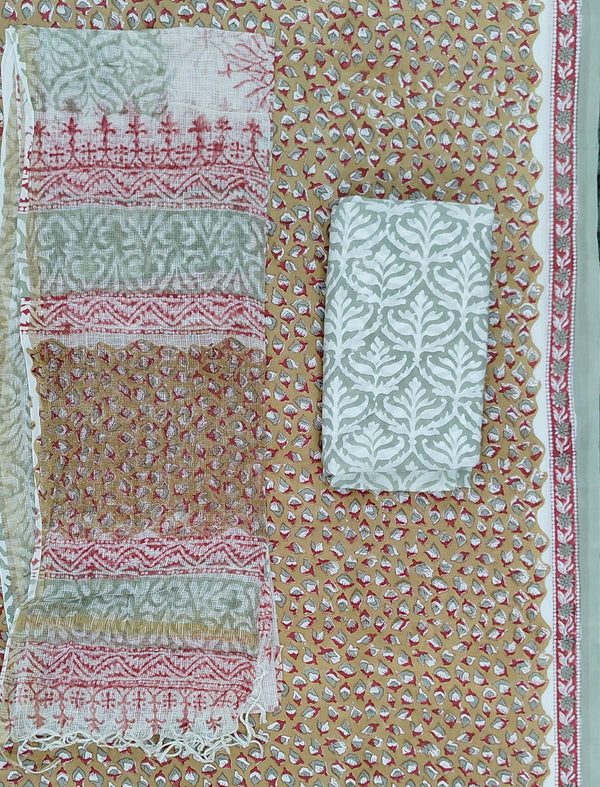 Block Printed Unstitched Suit With Cotton Kota Doriya Dupatta