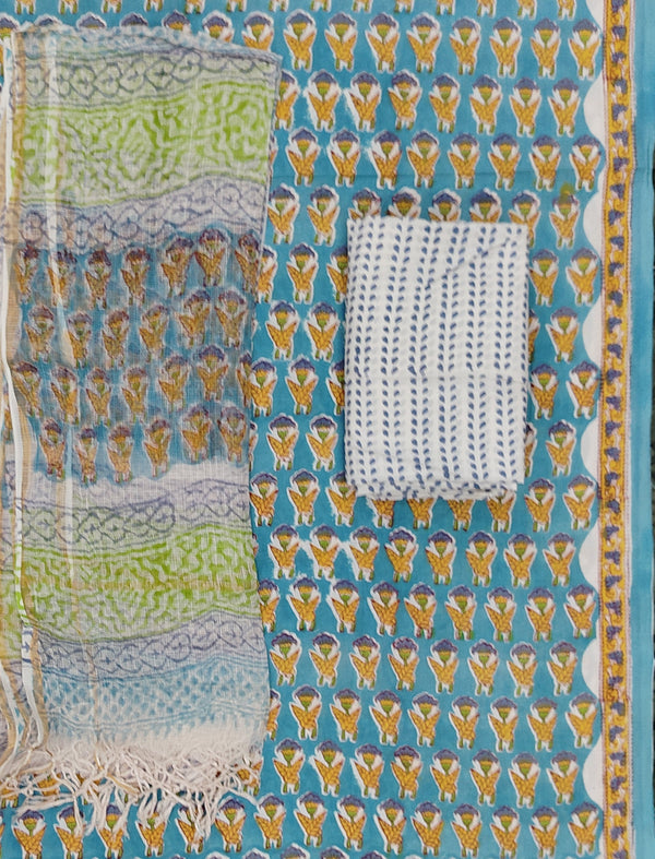 Block Printed Unstitched Suit With Cotton Kota Doriya Dupatta