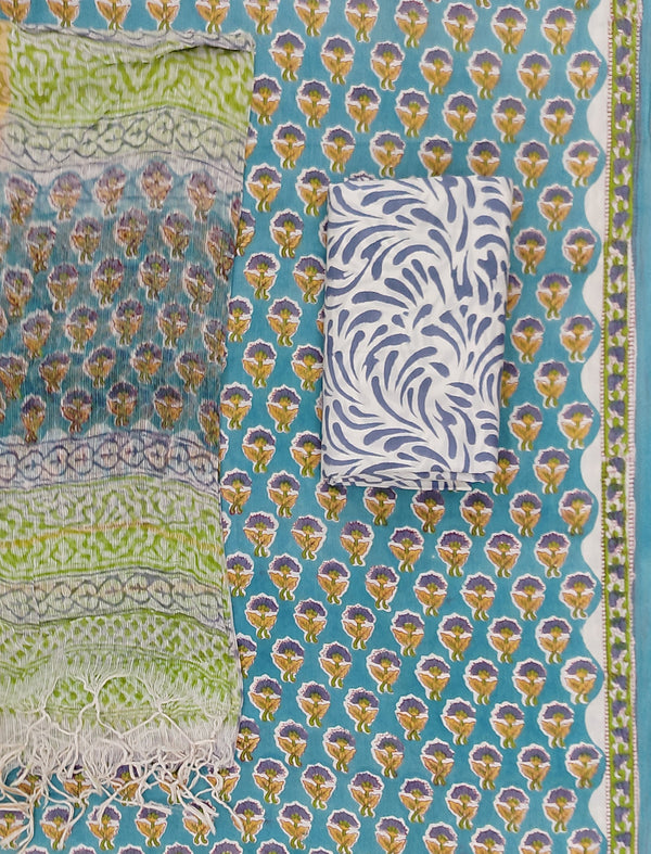 Block Printed Unstitched Suit With Cotton Kota Doriya Dupatta