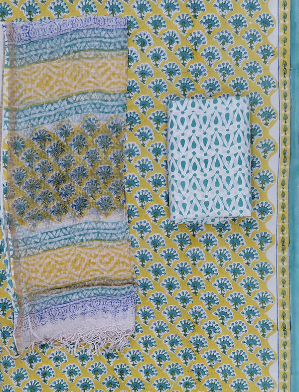 Block Printed Unstitched Suit With Cotton Kota Doriya Dupatta