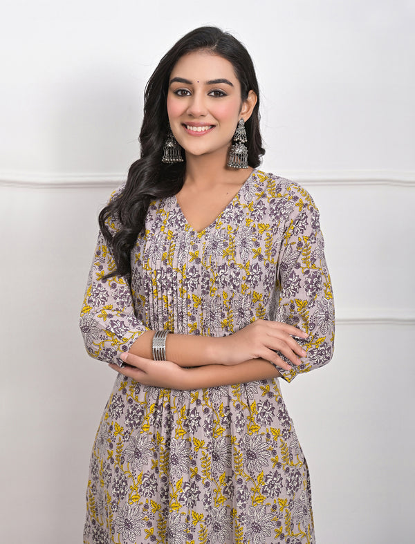 Grey Jaal Block Printed Cotton Kurta Pant Set