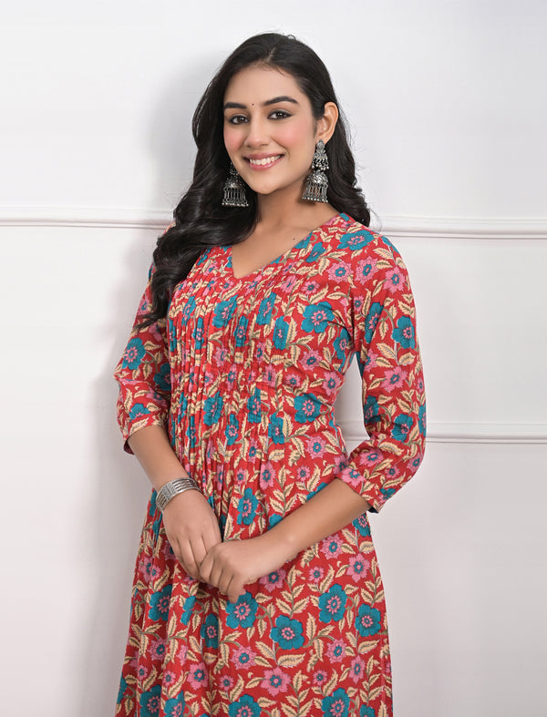 Red Jaal Block Printed Cotton Kurta Pant Set