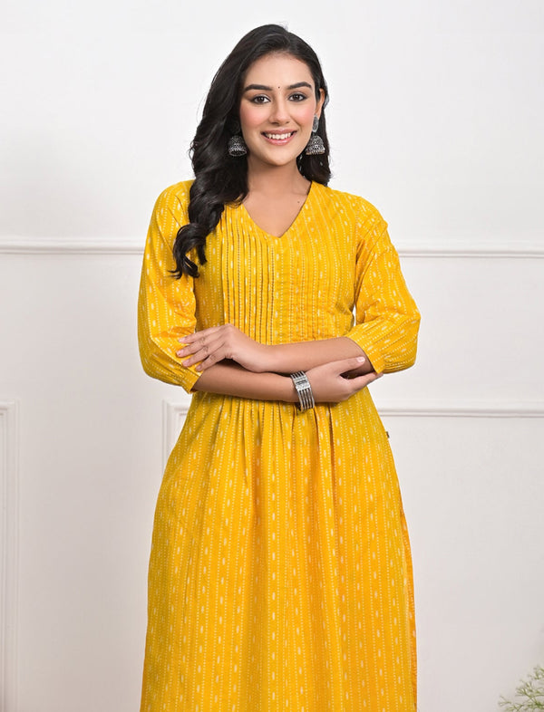 Yellow Block Printed Cotton Kurta Pant Set