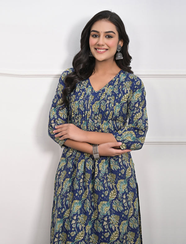 Blue Jaal Block Printed Cotton Kurta Pant Set