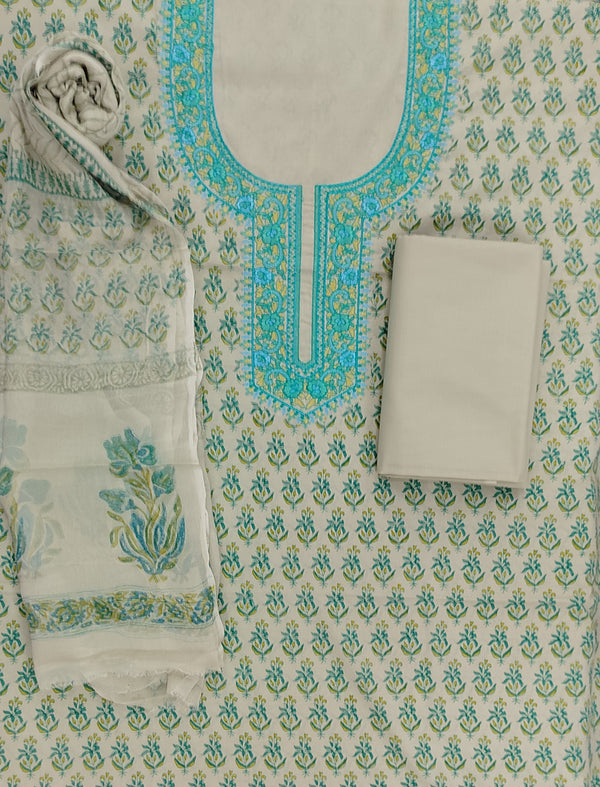 Festive Unstitched Cotton Fancy Suit With Neckline Work