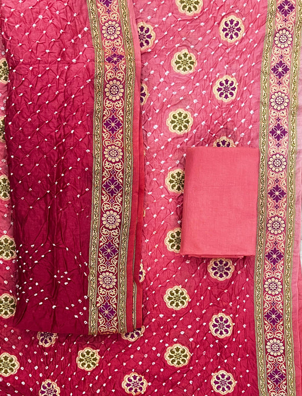 Hand Tie Dye Bandhej Chanderi Unstitched Suit