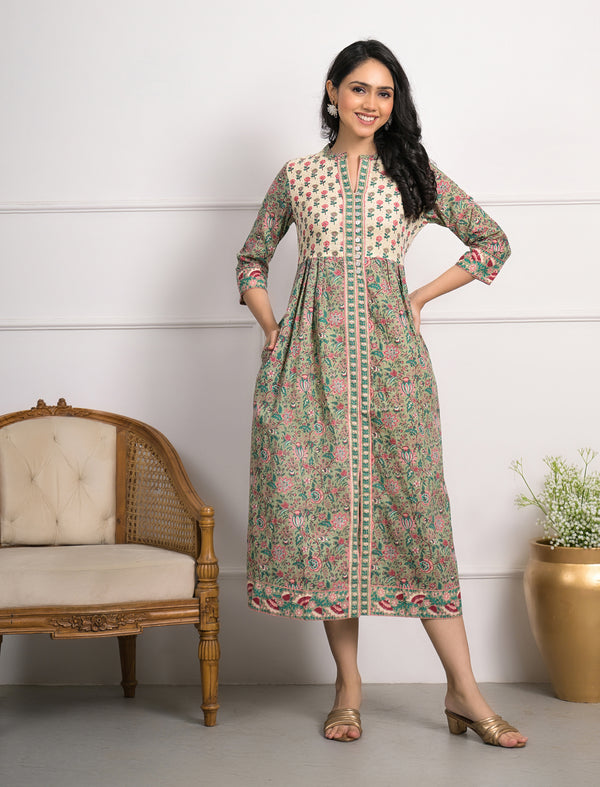 Green Block Printed Aline Long Cotton Dress