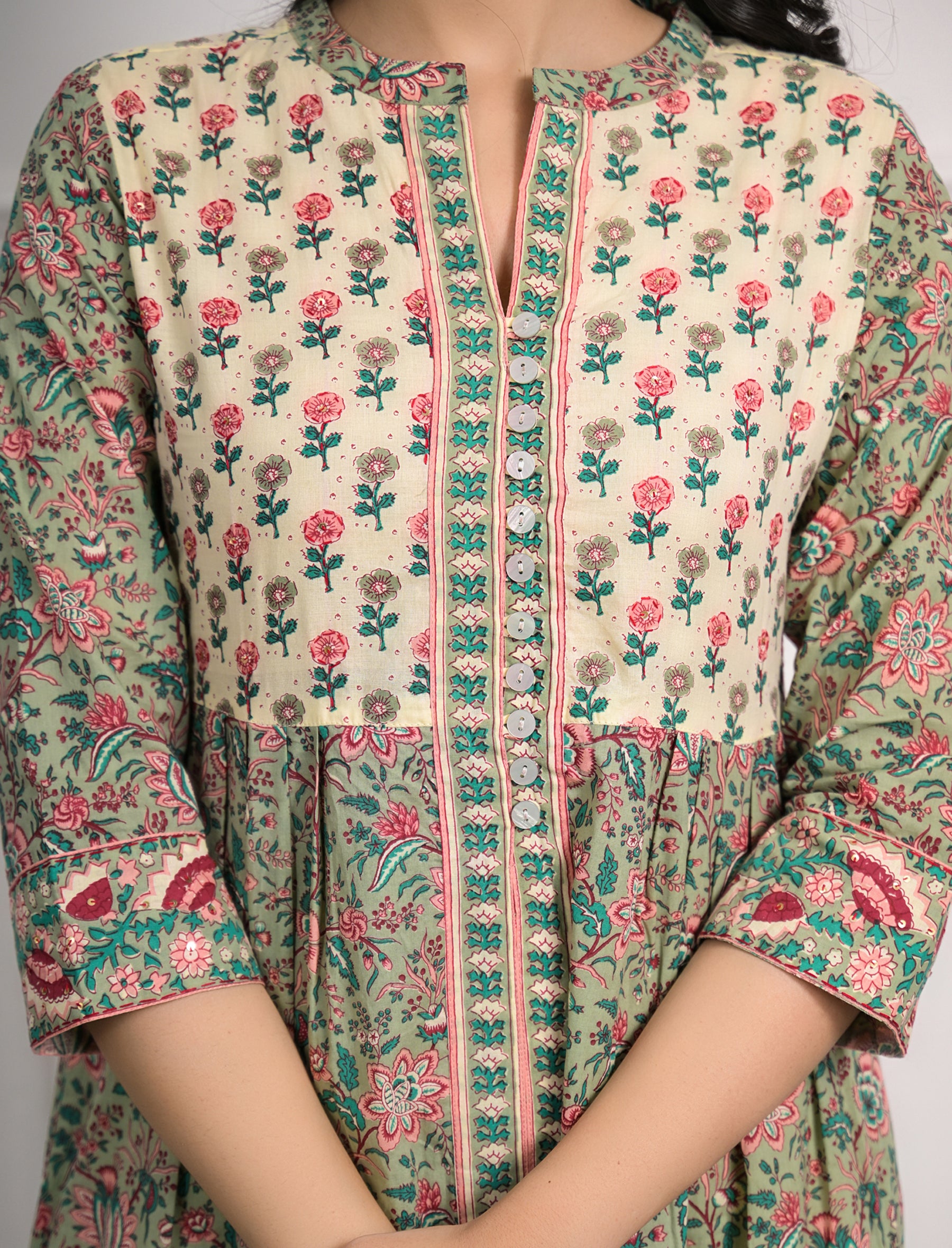 Green Block Printed Aline Long Cotton Dress