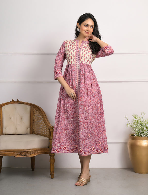 Pink Block Printed Aline Long Cotton Dress