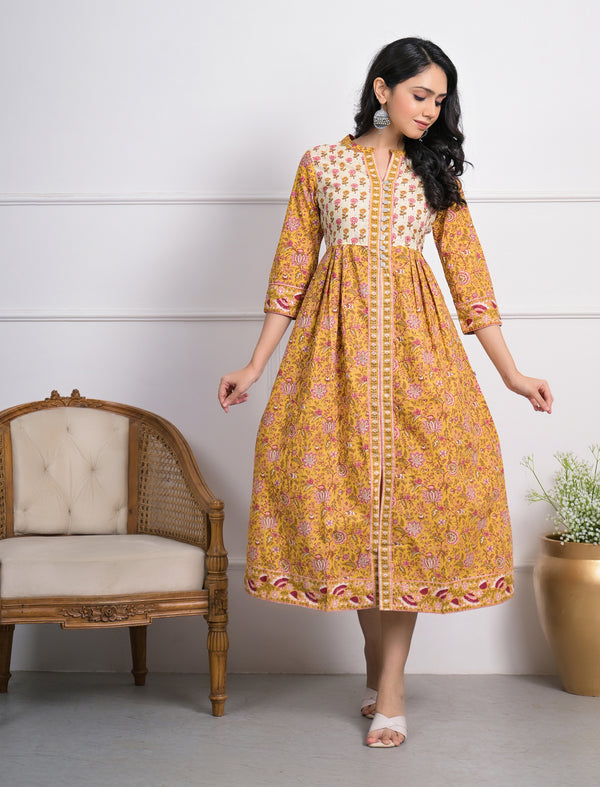 Yellow Block Printed Aline Long Cotton Dress