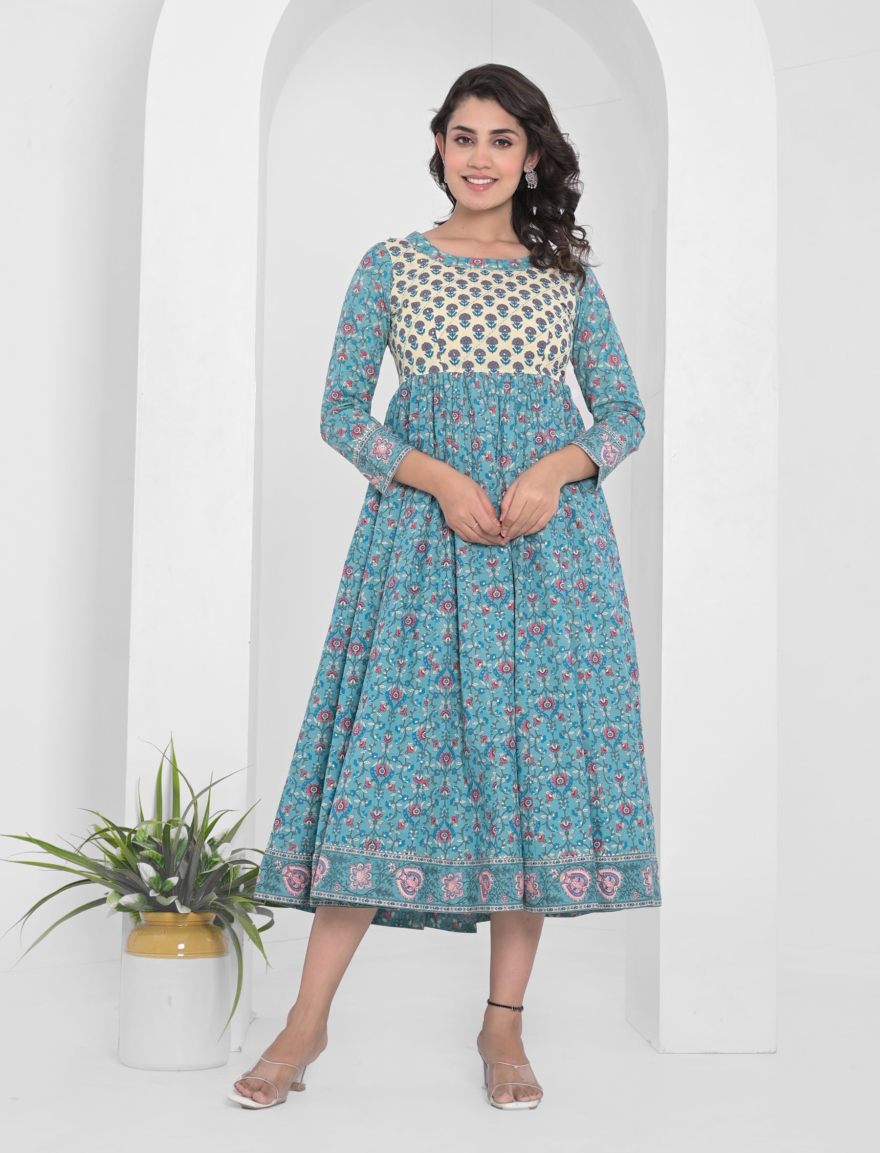 Blue Block Printed Long Cotton Dress