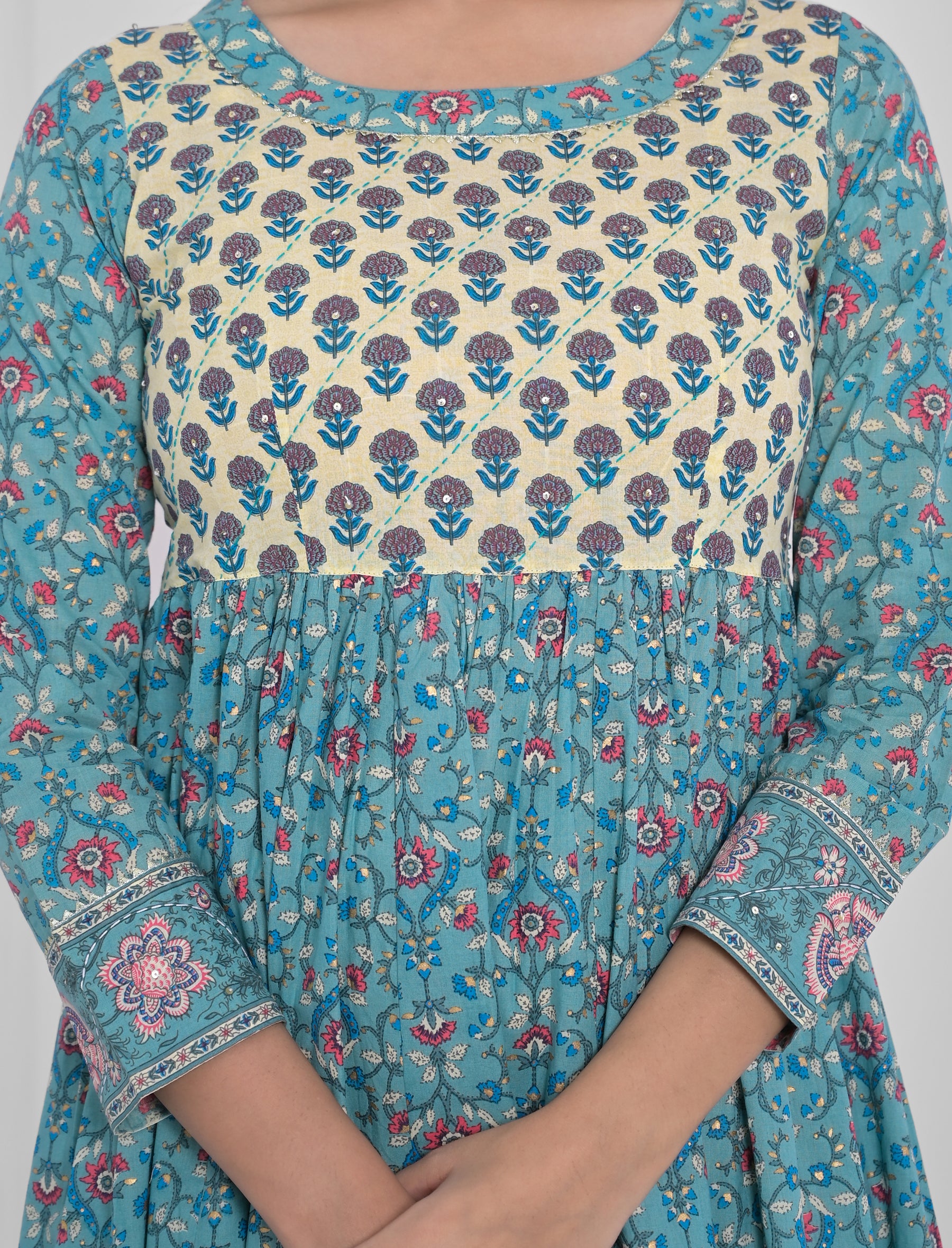 Blue Block Printed Long Cotton Dress