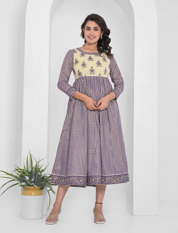 Navy Block Printed Long Cotton Dress