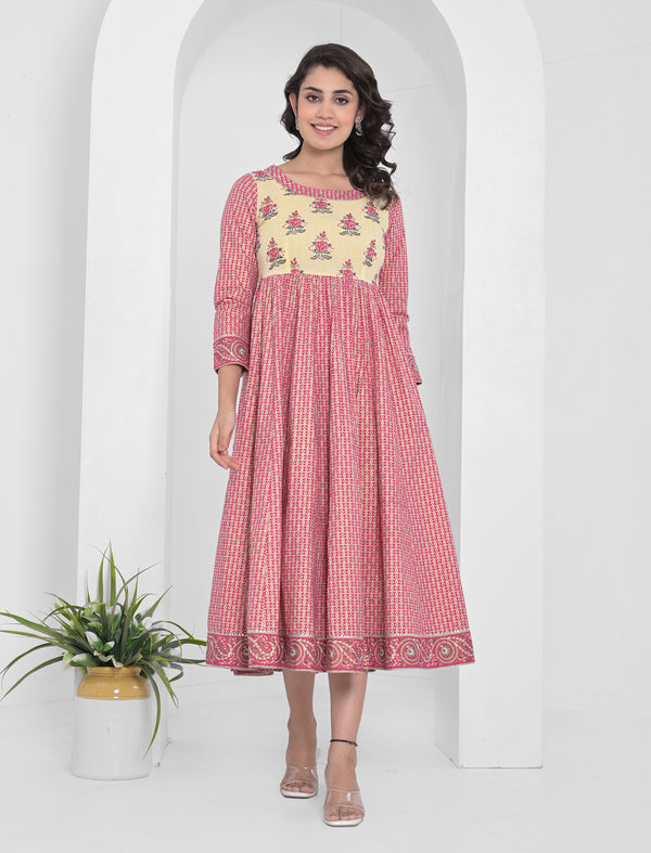 Pink Block Printed Long Cotton Dress