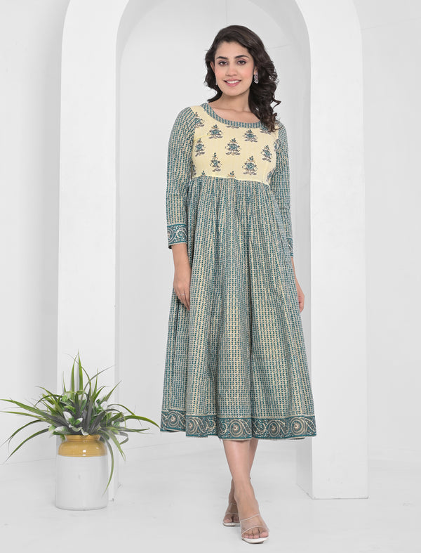 Sea Green Block Printed Long Cotton Dress