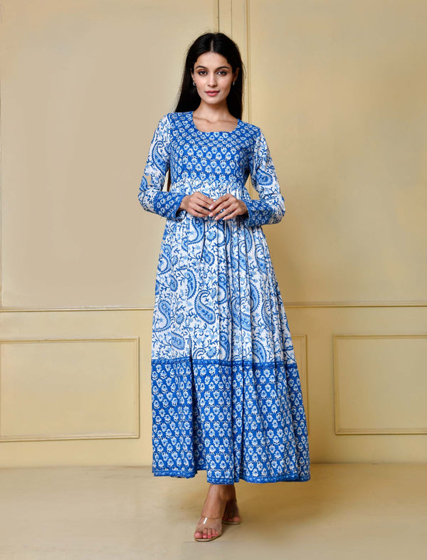 Blue Jaal Long Block Printed Cotton Long Dress