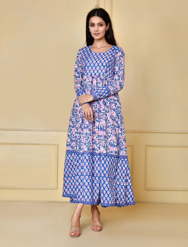 Blue Long Block Printed Cotton Long Dress