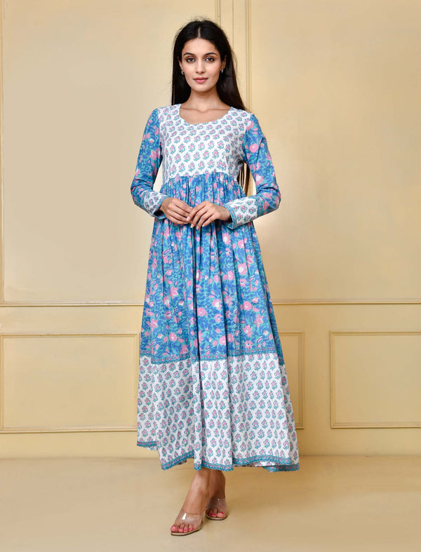 Blue Jaal Hand Block Printed Cotton Long Dress