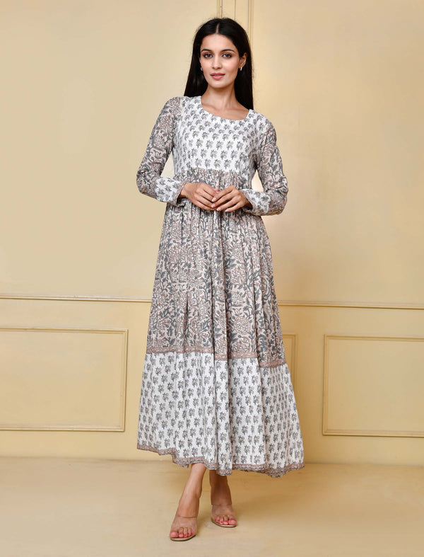 Grey Long Block Printed Cotton Long Dress