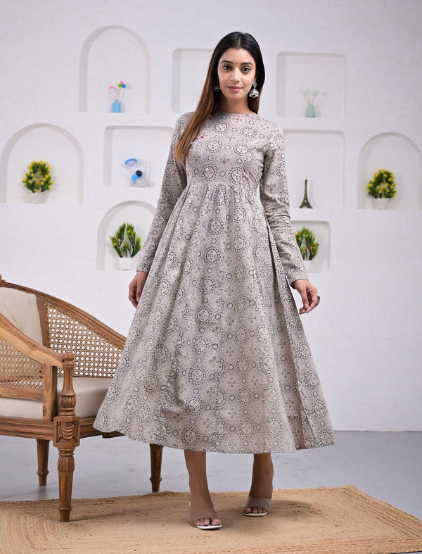 Hand Block Printed Grey Cotton Dress