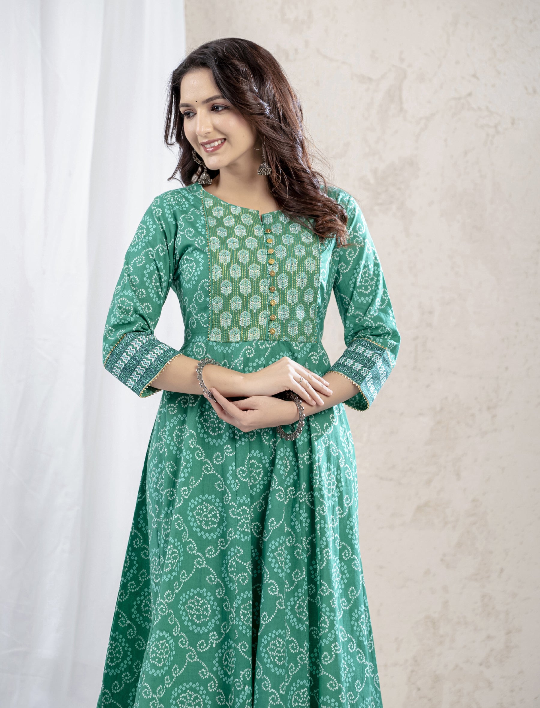 Green Bandhej Cotton Long Dress With Kantha Work On Yoke