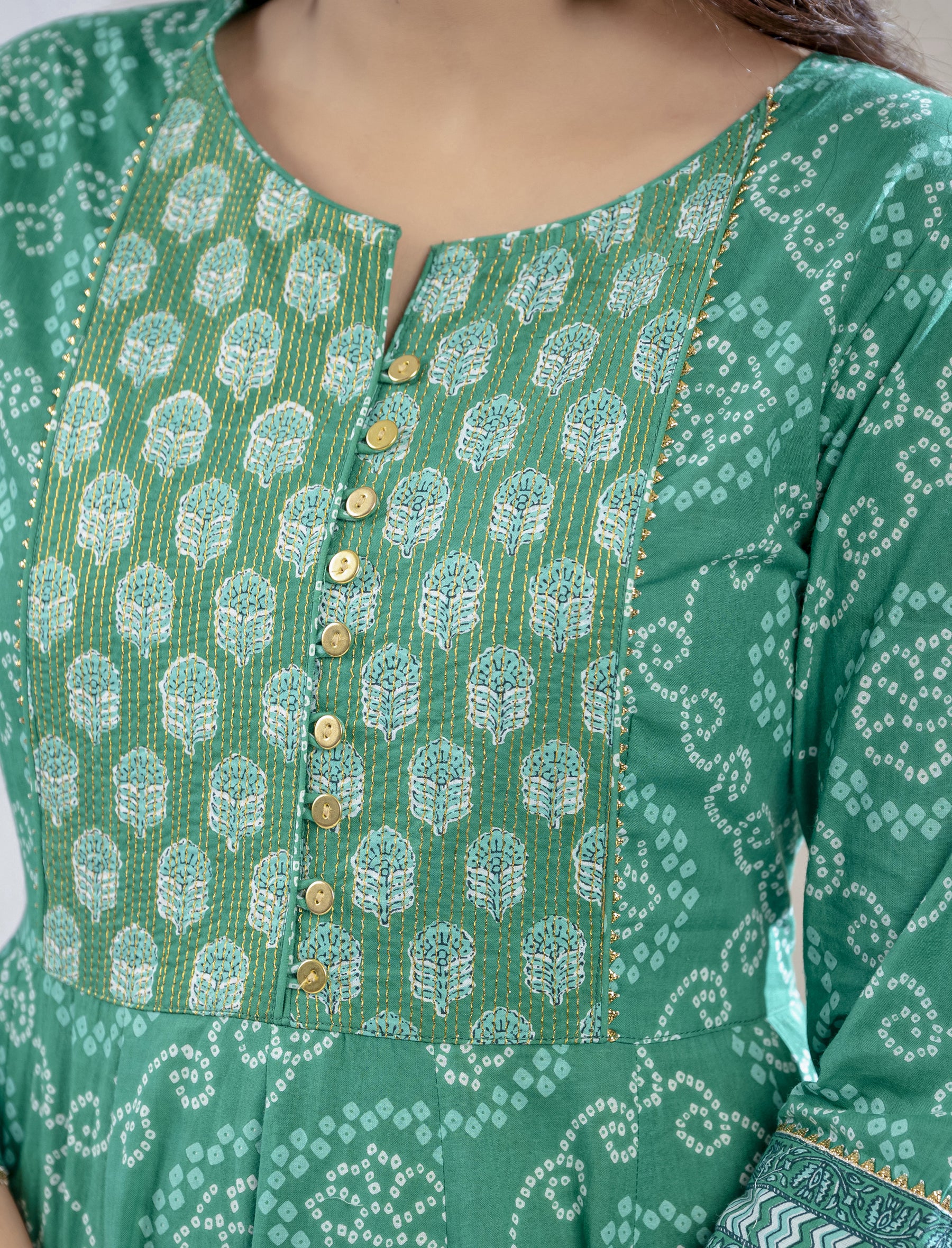 Green Bandhej Cotton Long Dress With Kantha Work On Yoke