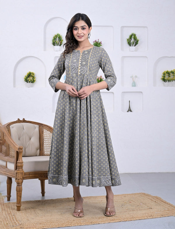 Cotton Grey Block Printed Long Dress