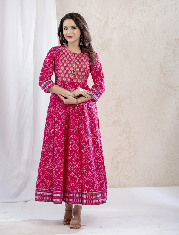 Pink Bandhej Cotton Long Dress With Kantha Work On Yoke