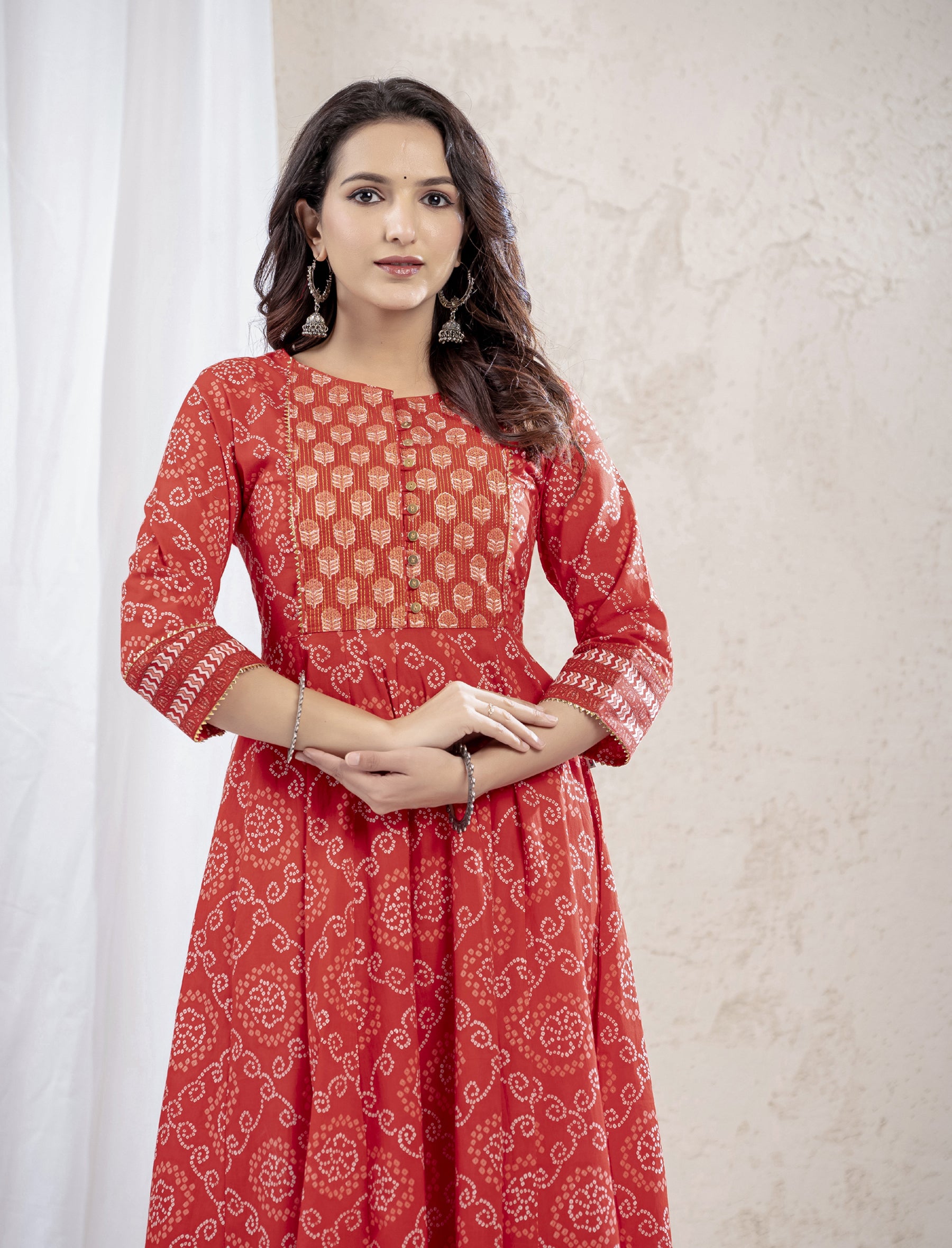 Red Bandhej Cotton Long Dress With Kantha Work On Yoke