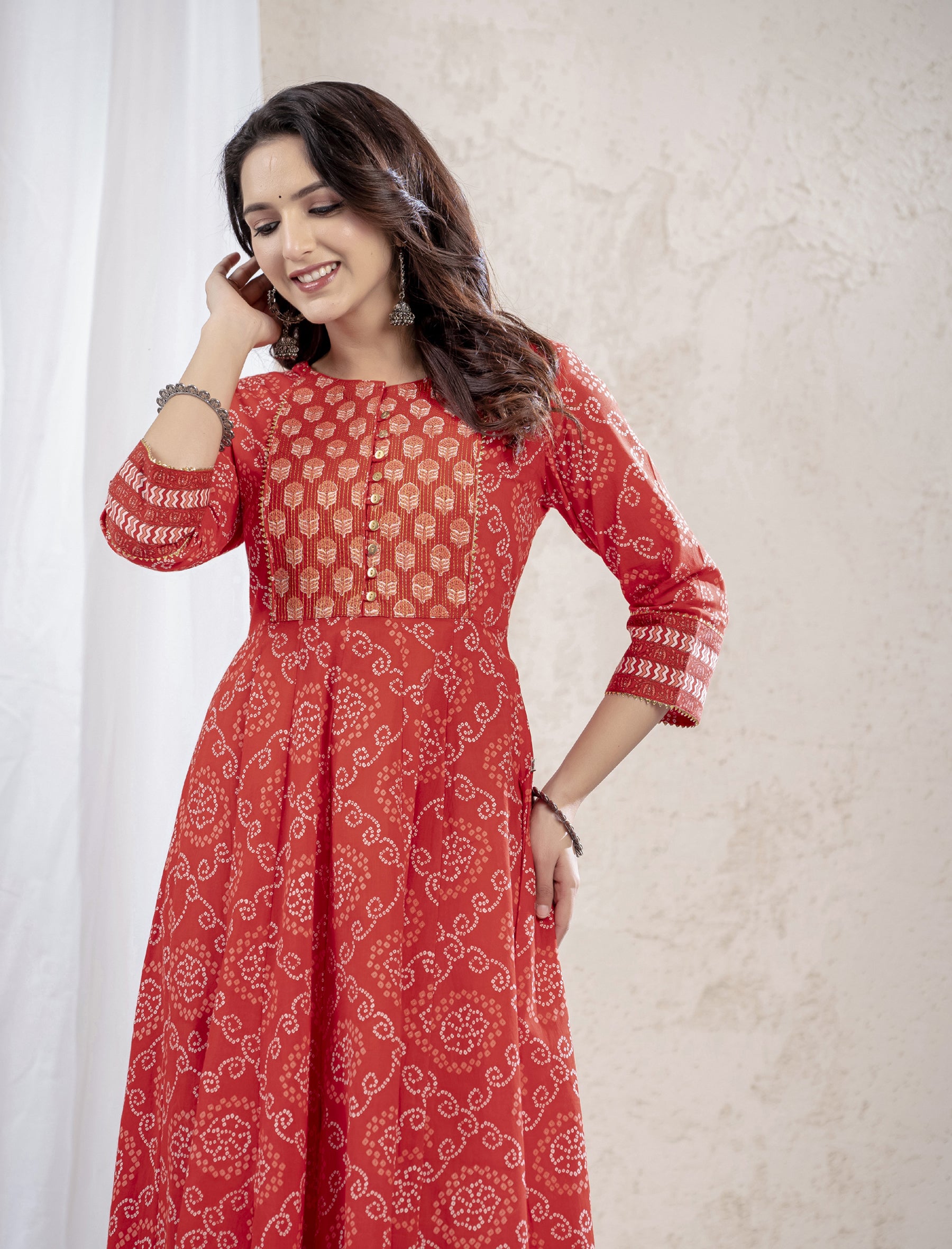 Red Bandhej Cotton Long Dress With Kantha Work On Yoke