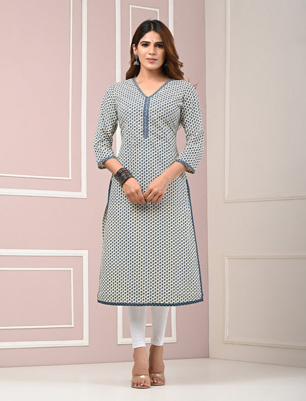 Blue Butti Block Printed Cotton Straight Kurti